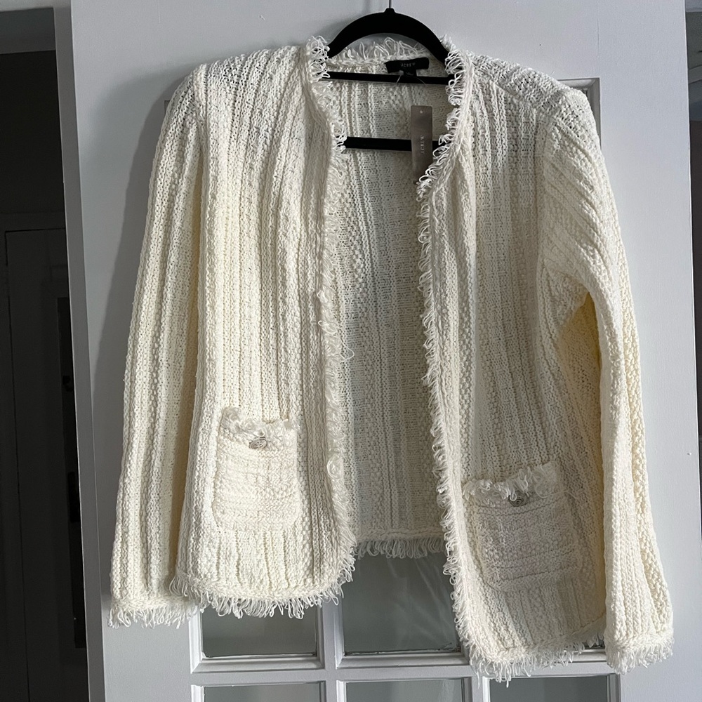 J. Crew Ivory Cream Textured Fringe Open Cardigan